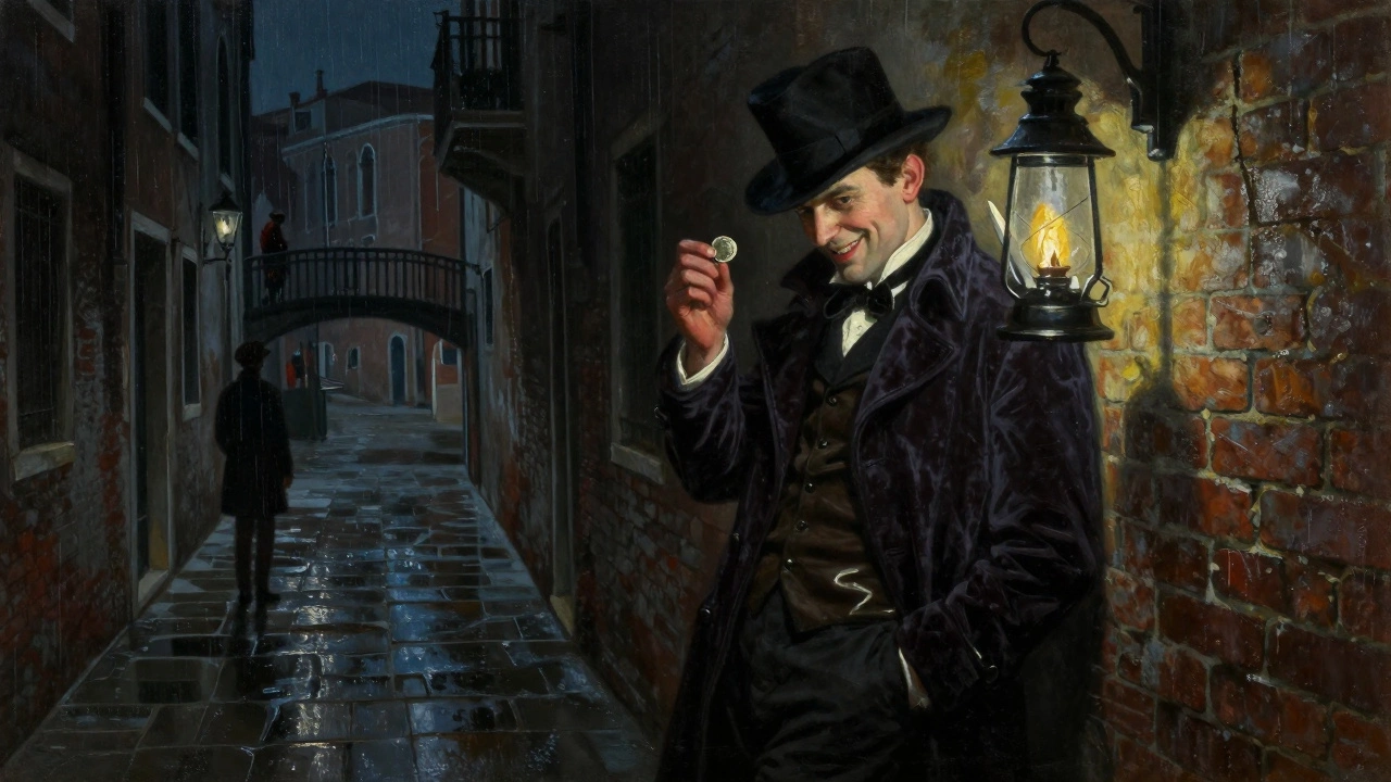 A cunning con artist in a rainy fantasy city, holding a coin under flickering lantern light.