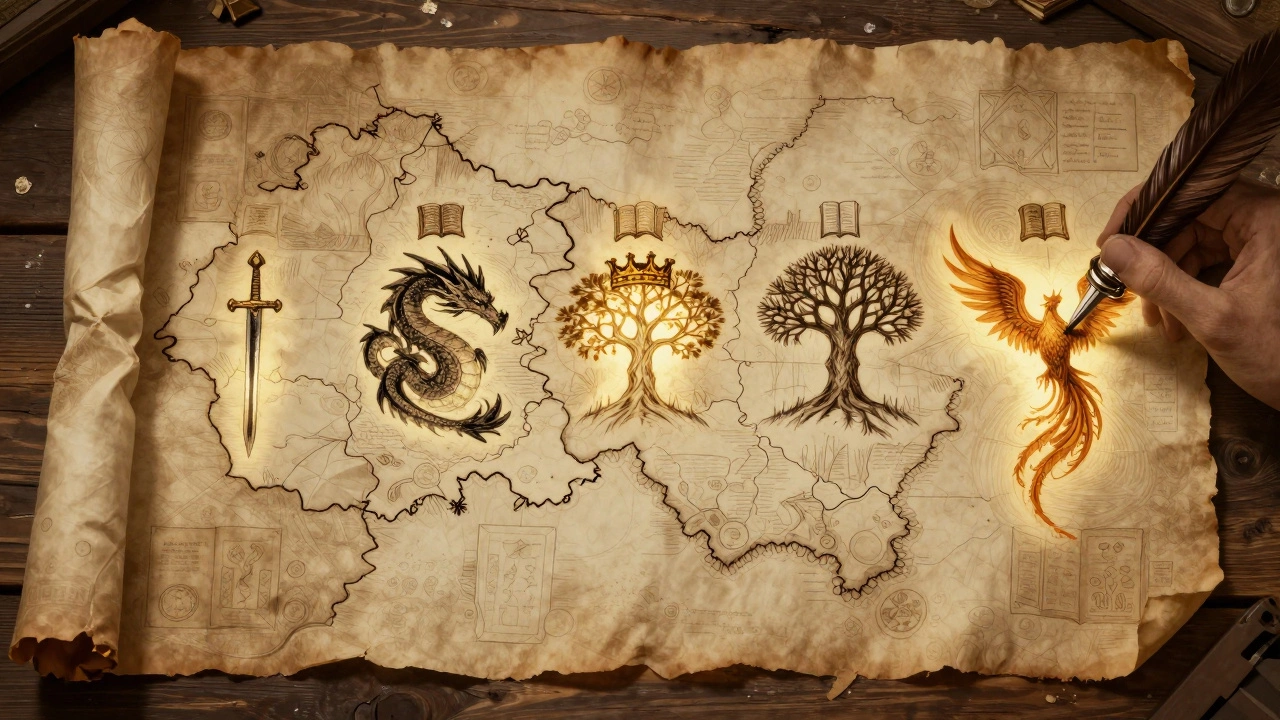 A detailed fantasy map showing five glowing regions representing a book series.