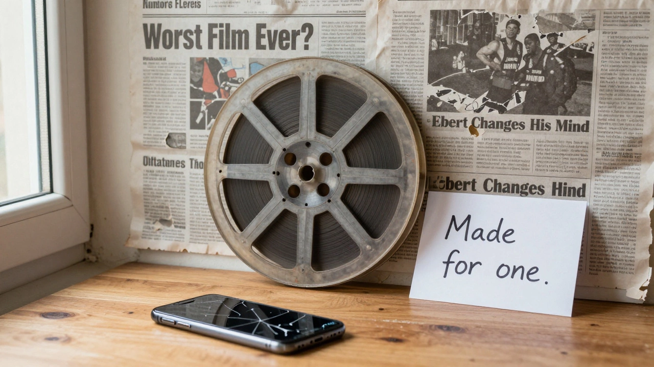 A film reel and iPhone on a table with faded newspaper clippings about The Brown Bunny.