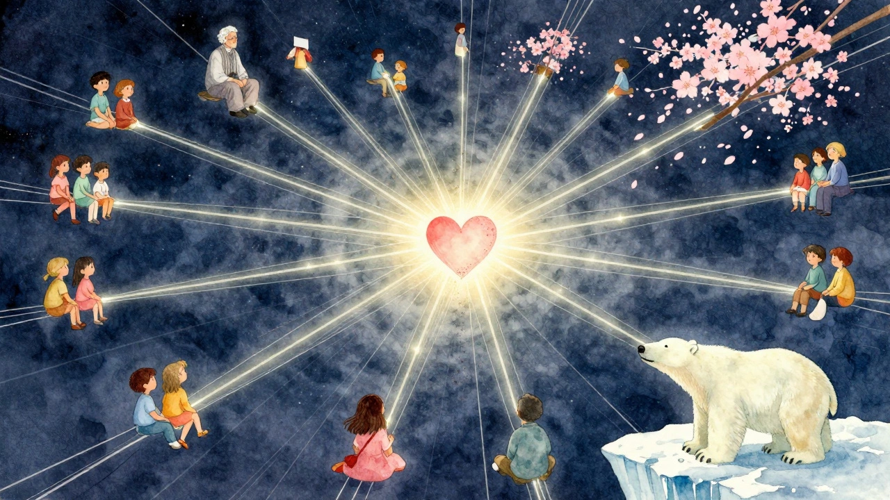 A glowing web of stories connects people across cultures, converging into a radiant heart under a starry sky.