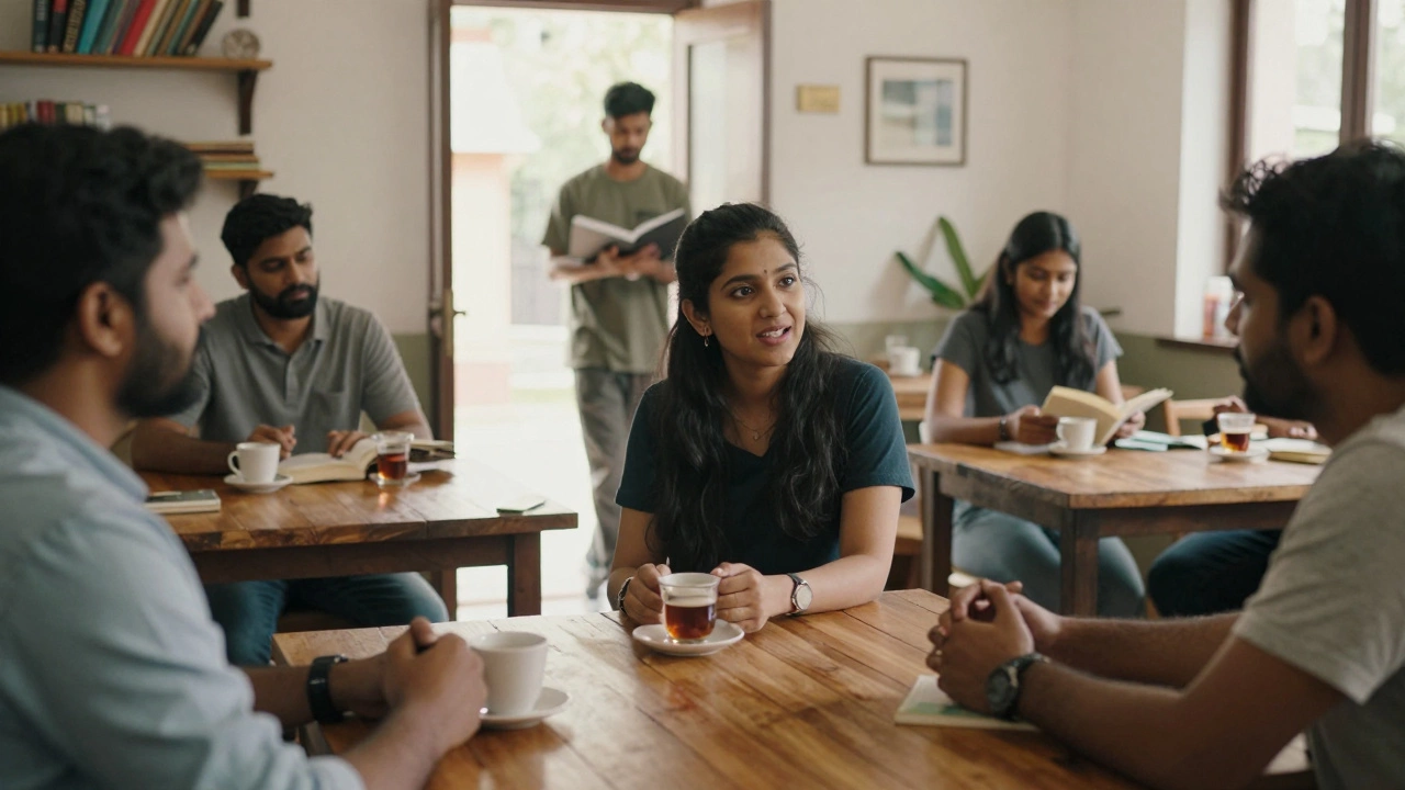 A group in a community space sharing ideas, while one person steps into sunlight holding a journal.