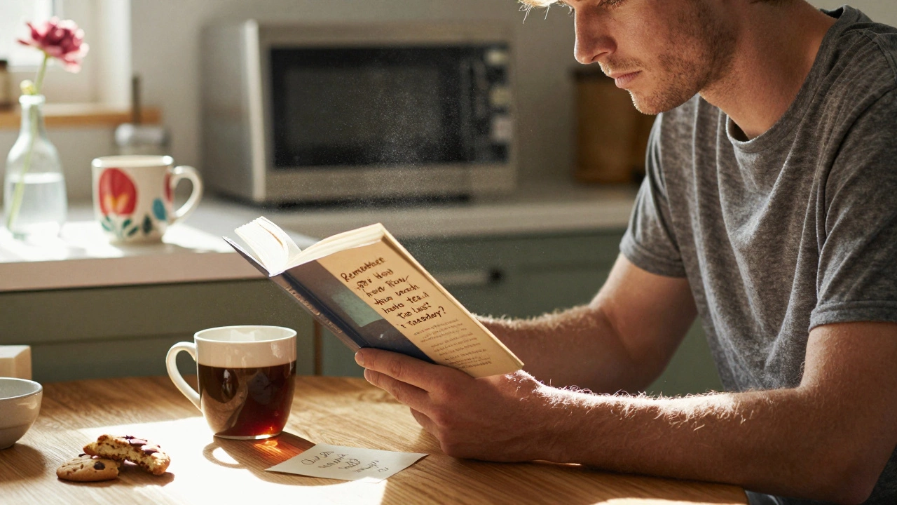 A man reading a romance novel at the kitchen table with a heartfelt note from his wife beside his coffee cup.