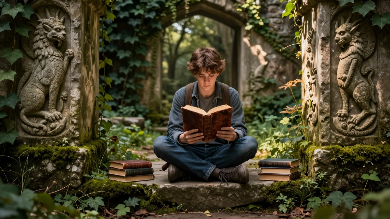 A reader sitting among five fantasy books in an ancient ruins courtyard.