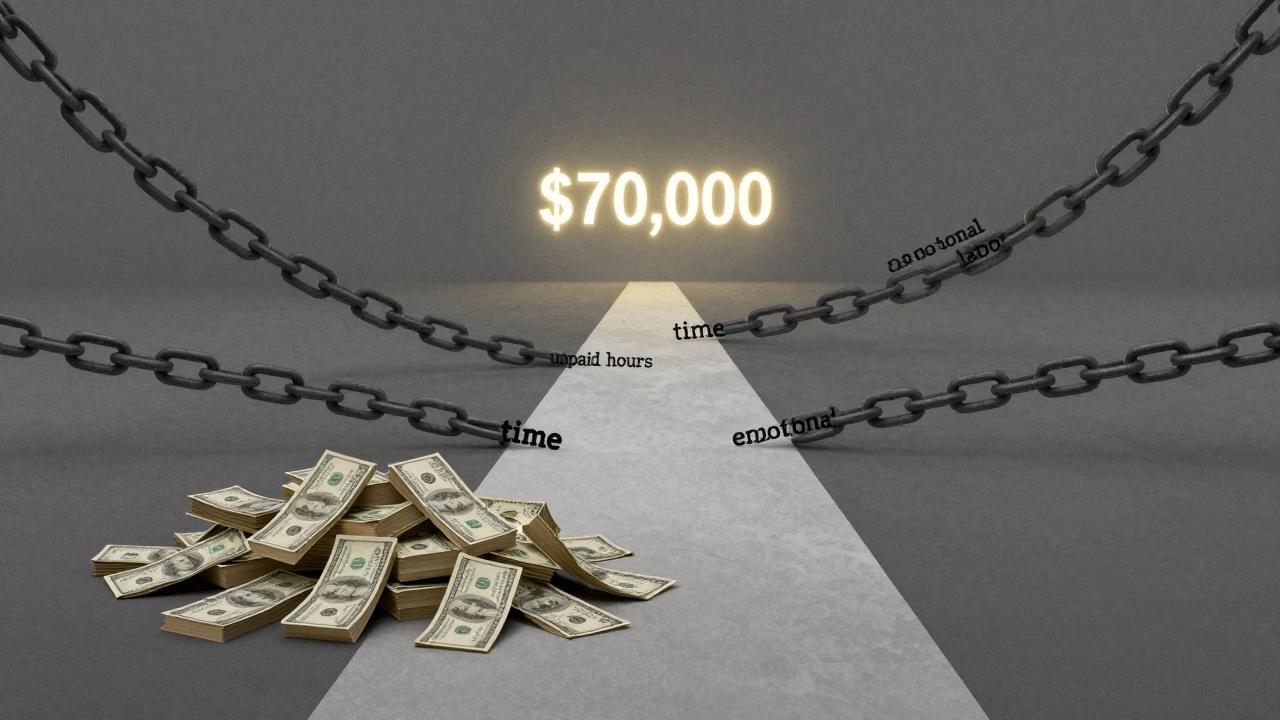 Abstract path of money leading from free books to a distant salary, blocked by time and labor chains.