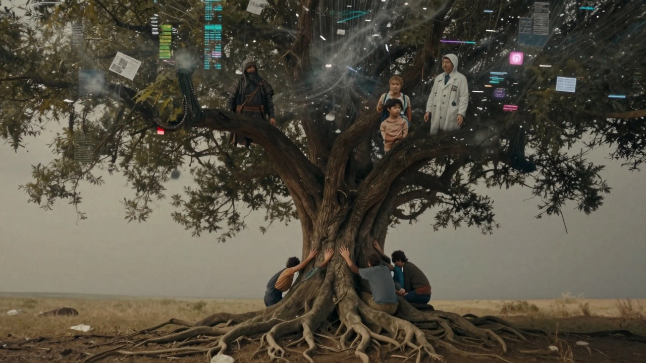 An ancient tree with mythic scenes in its bark, grounding people against a storm of digital noise.