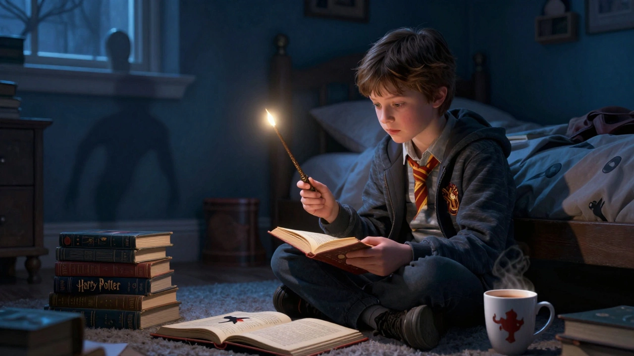 Child reading about Dementors alone in their room, wand casting soft light in the dark.