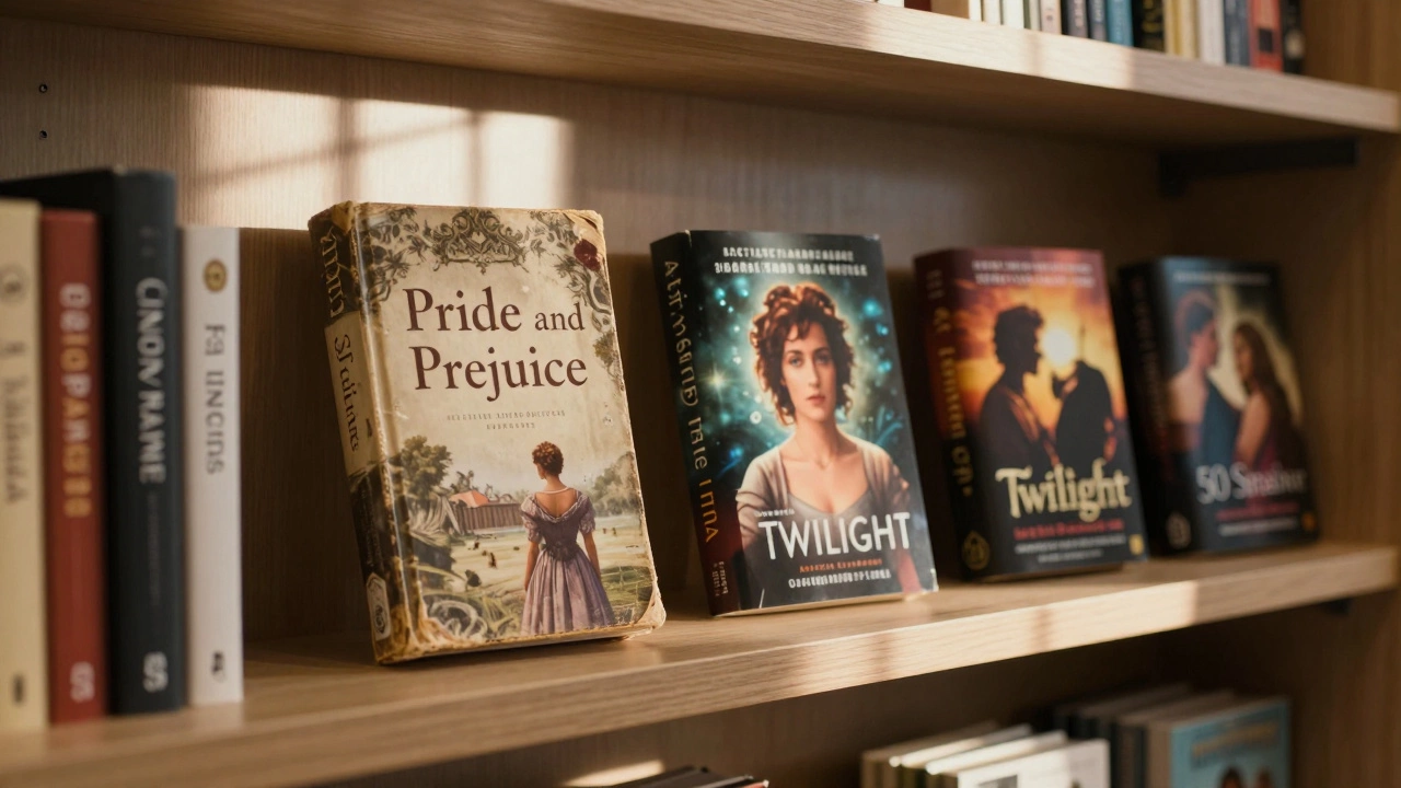 Classic edition of Pride and Prejudice on a bookstore shelf beside modern romances.