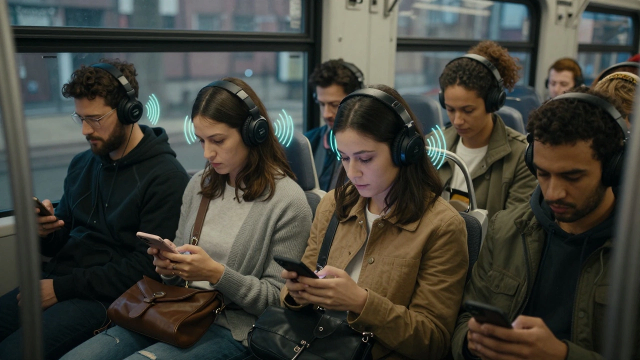 Commuters listening to self-help podcasts and audiobooks on their phones