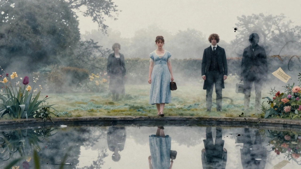 Elizabeth Bennet’s reflection in a pond transforms into Jane Austen, surrounded by mist and fading ink, symbolizing love turned into fiction.