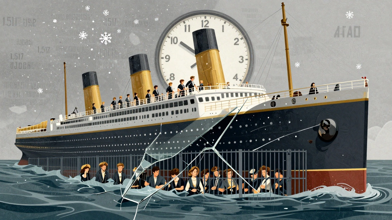 Fractured mirror showing class divisions on the Titanic as water rises and names float like snow.