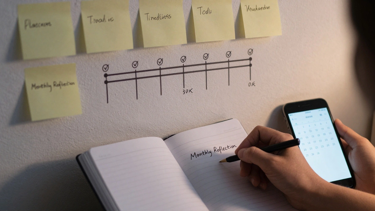 Hand writing in a journal with timeline notes and calendar reminders on the wall.