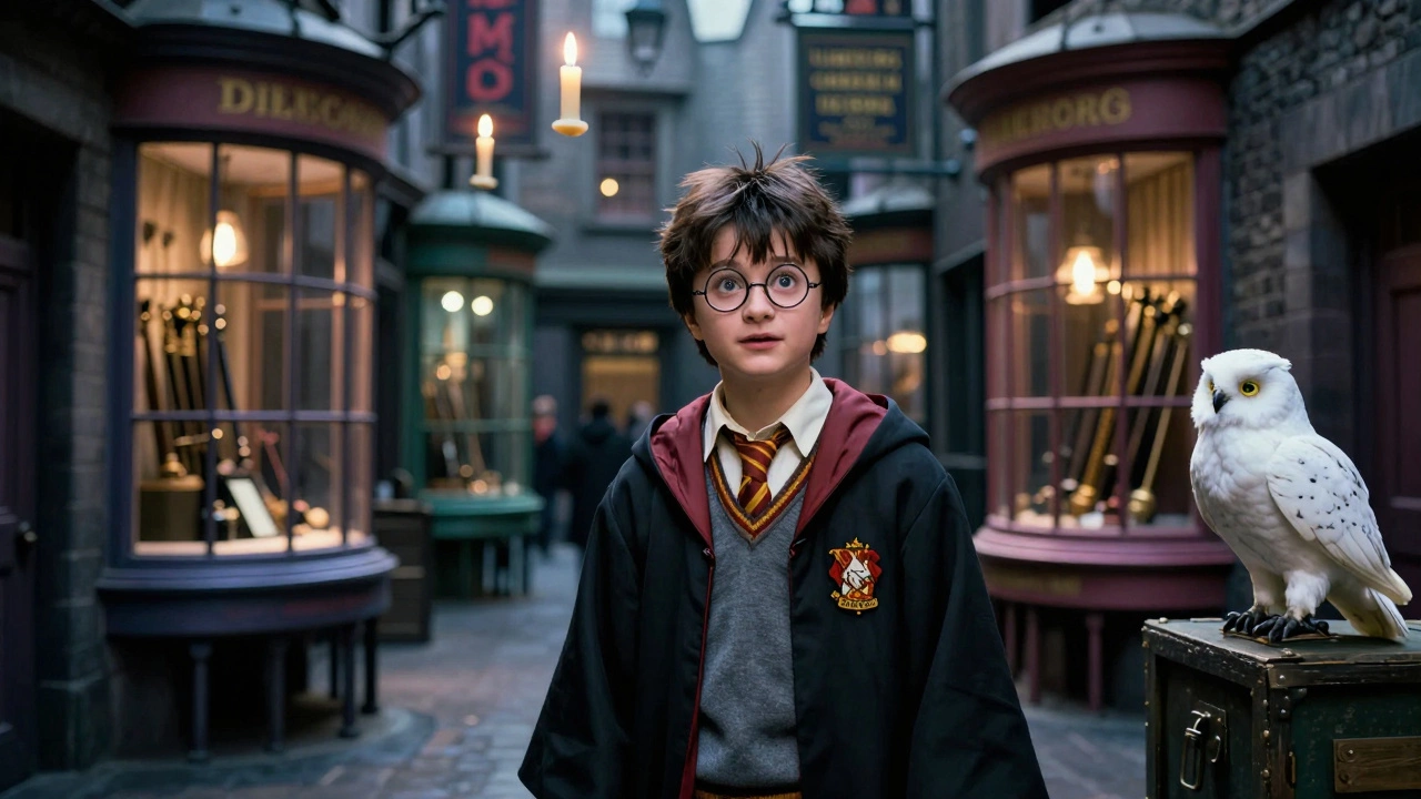 Harry Potter awestruck in Diagon Alley, surrounded by magical shops and floating candles.