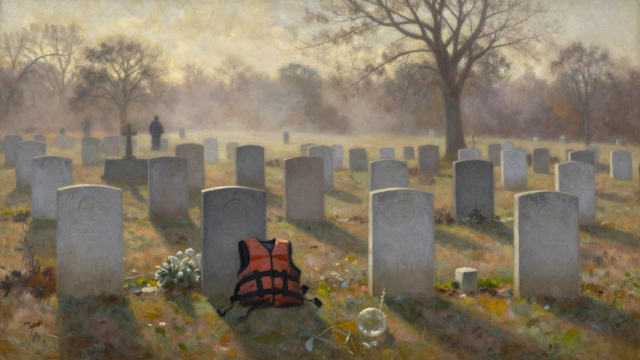 Quiet Halifax cemetery at dawn with numbered graves and a lifejacket on one tombstone.