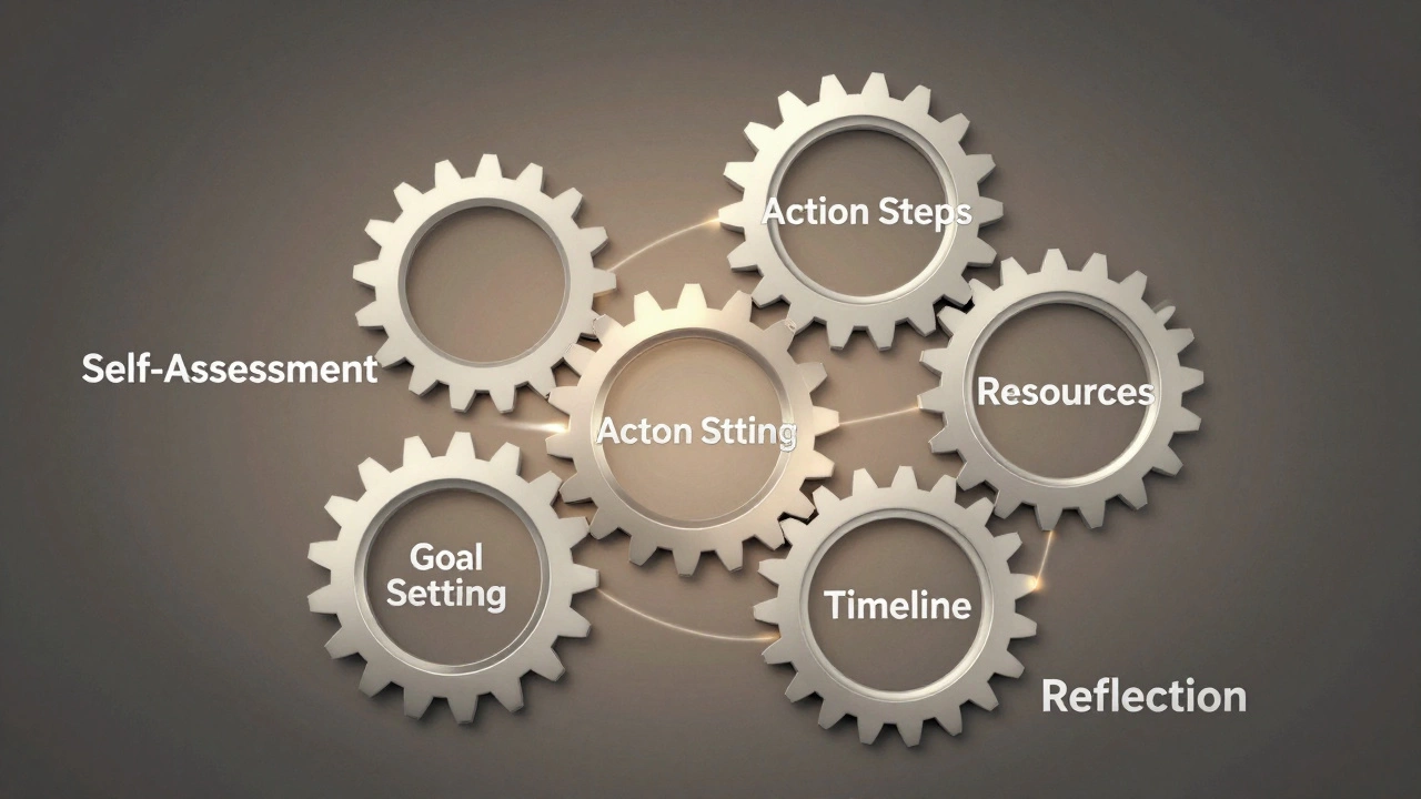 Six interconnected gears representing the components of a personal development plan.