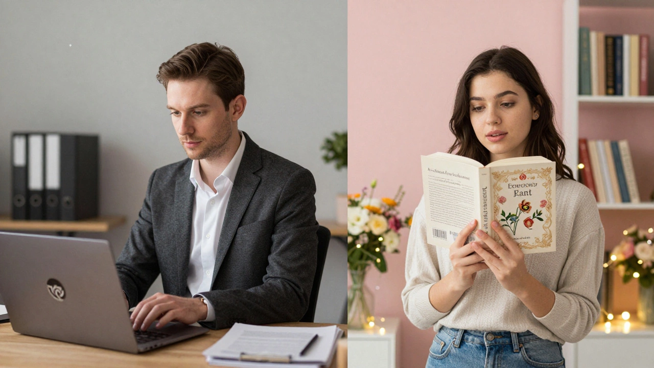 Split image: professional critic in office and Bookstagrammer styling books in a cozy room.