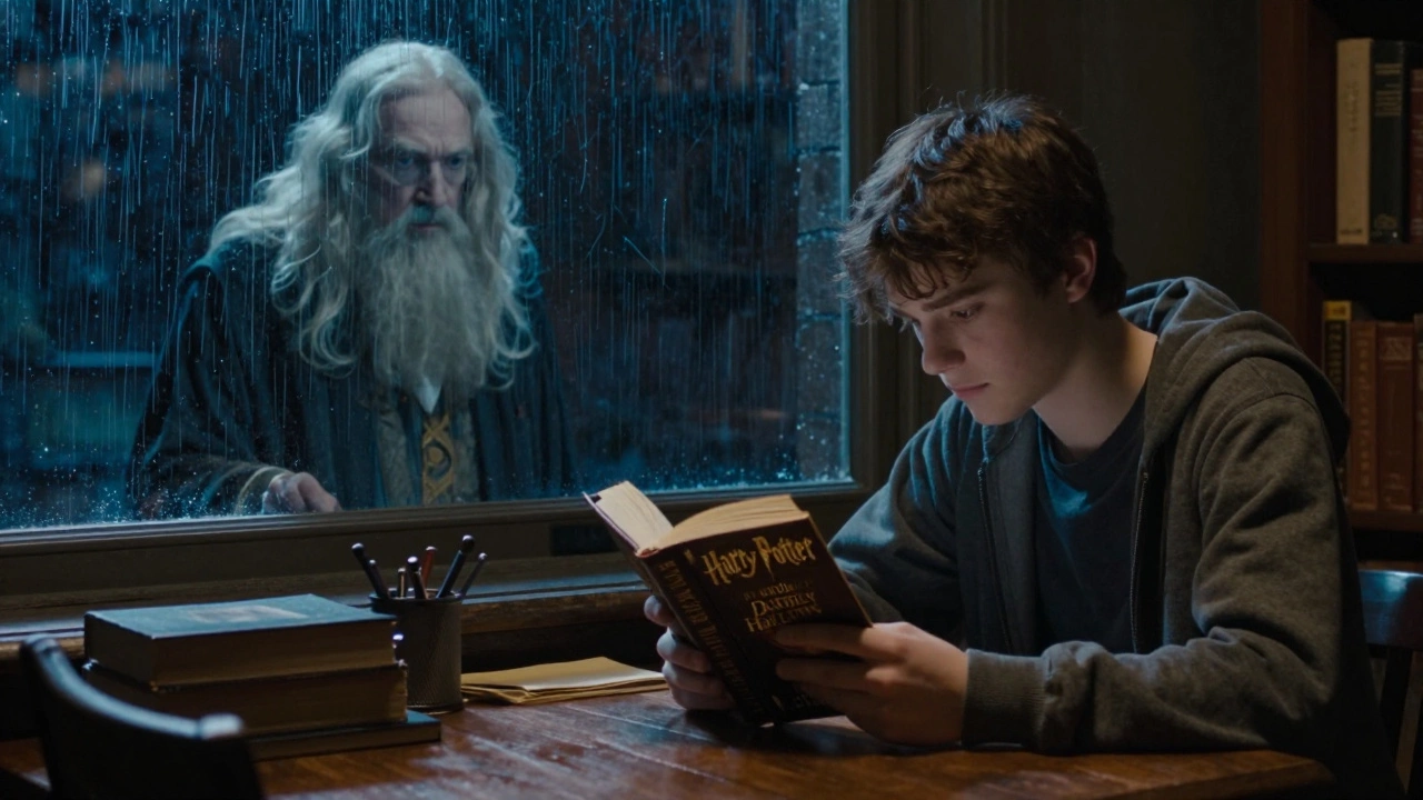 Teen reading Harry Potter's final book in a quiet library, reflection showing Dumbledore.
