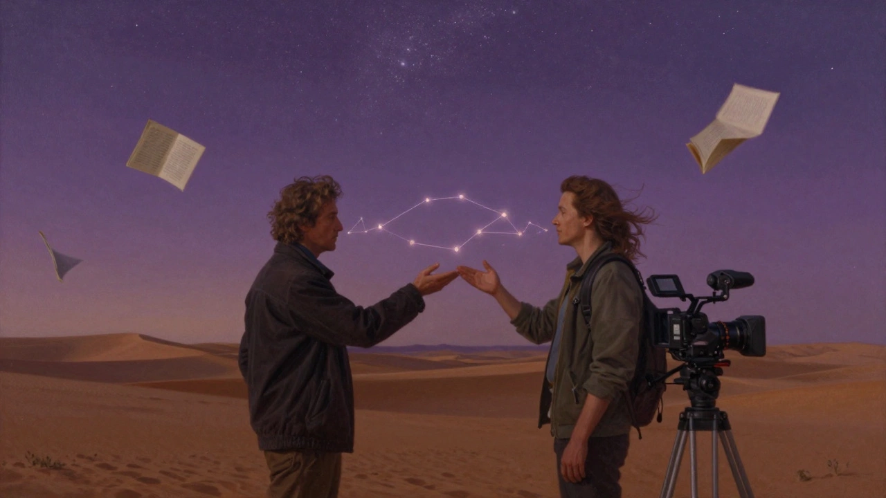 Two figures stand back-to-back in a desert, their hands nearly touching as stars form between them.
