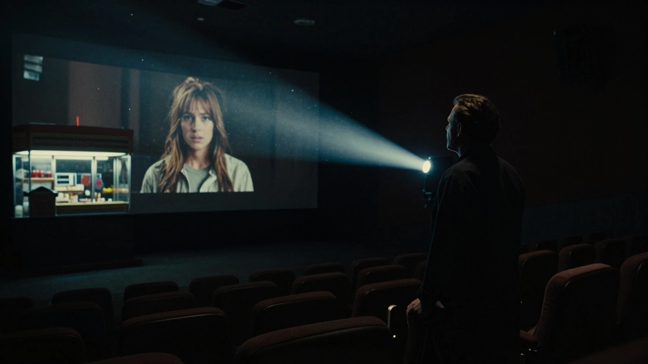 Vincent Gallo alone in a dark theater, watching his film on a glowing screen.