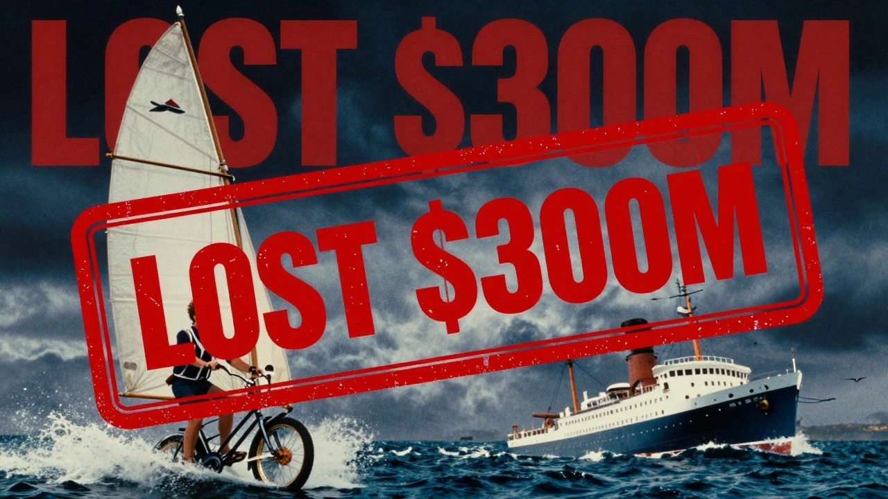 A chaotic 90s movie poster with a water bike, sinking ship, and a giant red loss stamp.