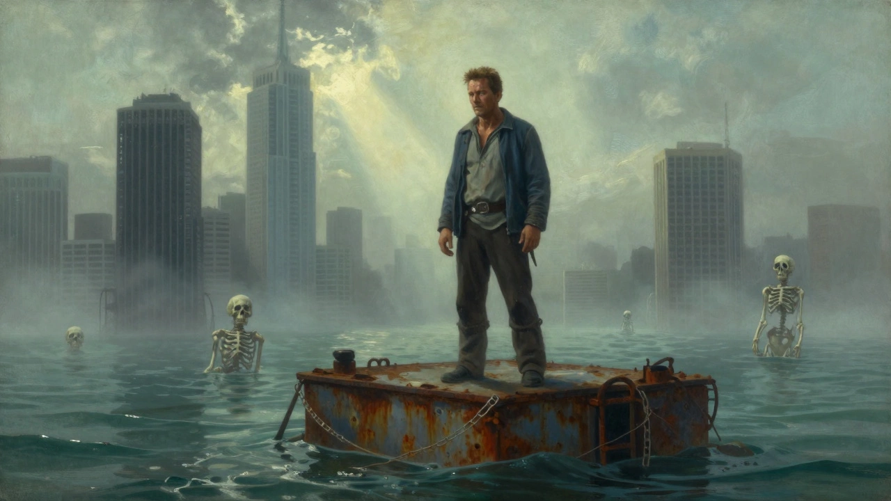 A lone figure standing on a floating platform amid drowned skyscrapers under a misty sky.