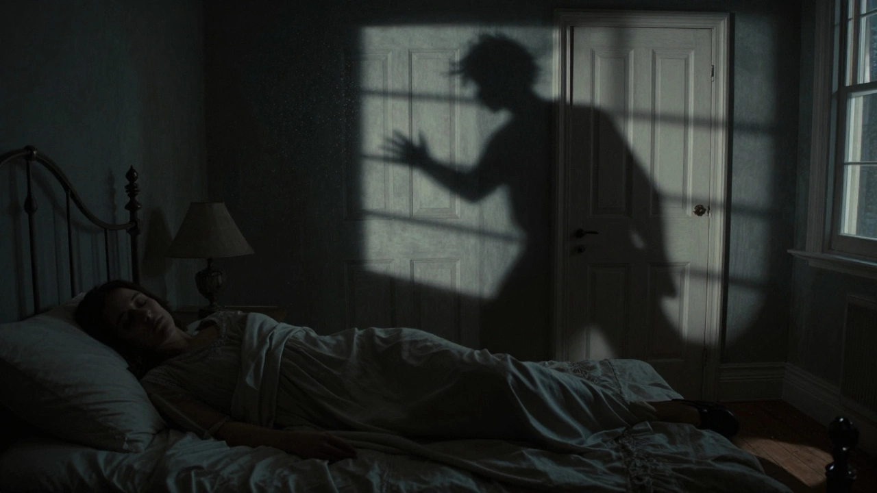 A silent bedroom at night, a vampire's shadow creeping toward a sleeping woman.