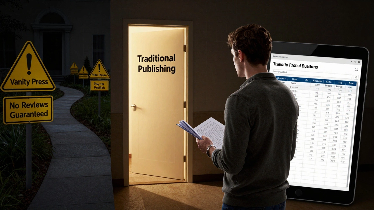 A writer choosing between a glowing path to legitimate publishing and shadowed warnings.