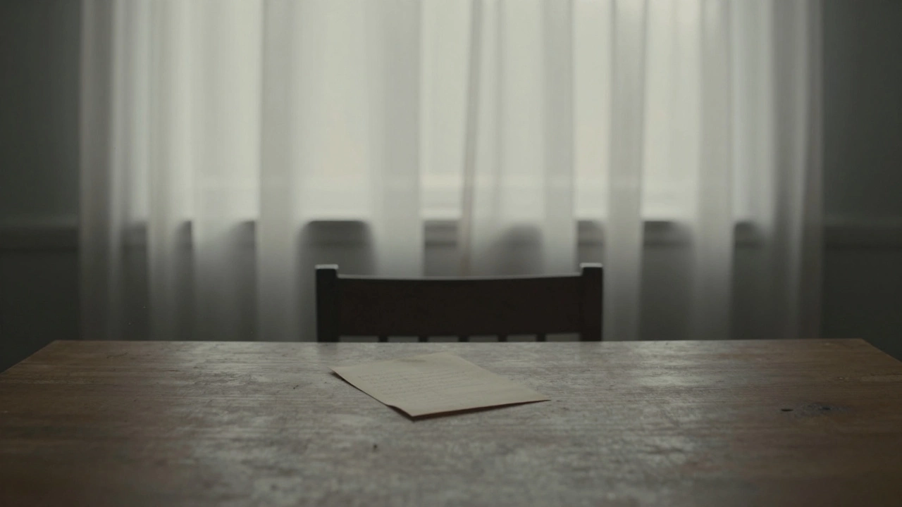 An open letter on a table in an empty room at dawn, soft light filtering in.