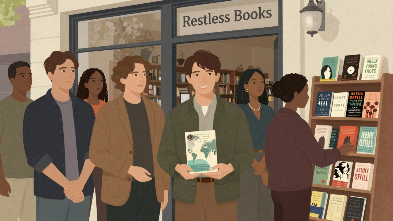 Debut authors celebrating as their books are placed on a library shelf.