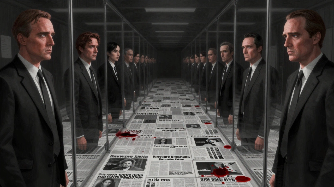 Infinite mirrors reflect iconic crime thriller characters, each staring back with hollow eyes.