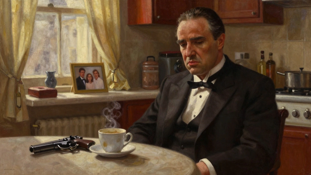 Michael Corleone sits alone in a quiet kitchen, a gun beside an empty cup, sunlight filtering through curtains.