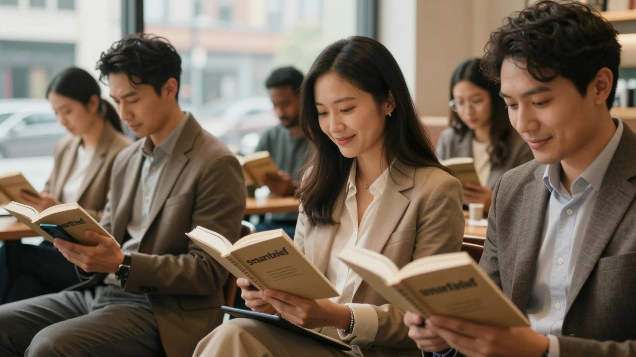 Professionals reading SmartBrief book summaries on their phones during breaks