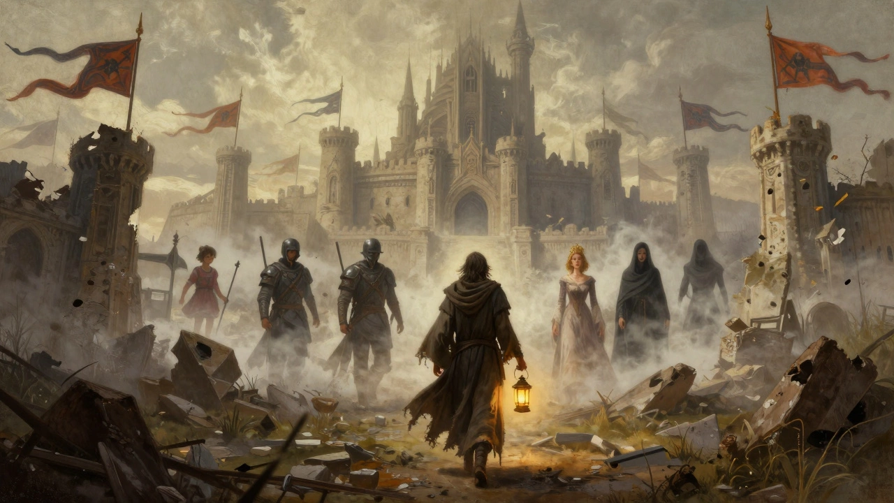 A lone traveler walking through a ruined fantasy empire, with twelve symbolic banners and spectral characters emerging from the mist.