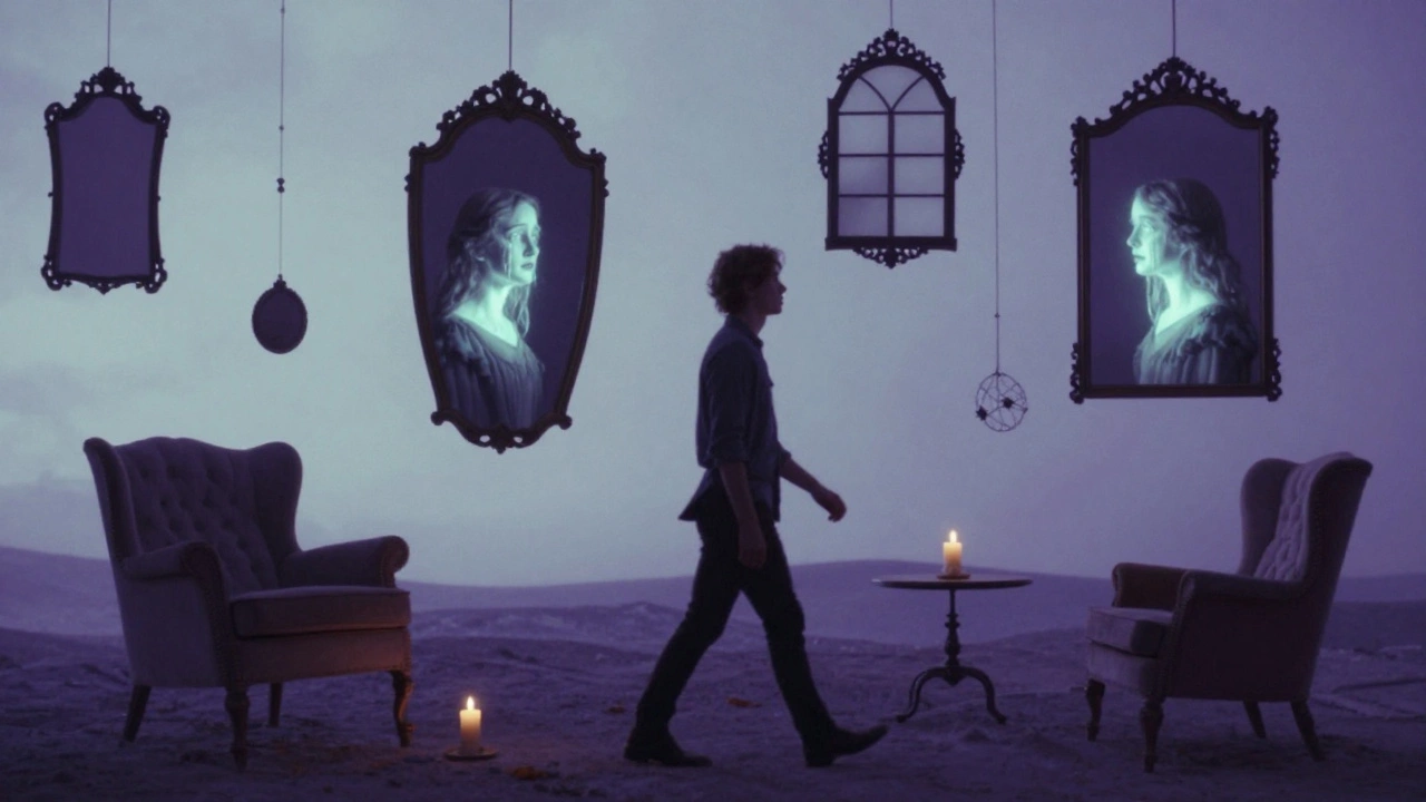 A man walks through a dreamlike room where mirrors float and reflect a mysterious woman instead of his face.