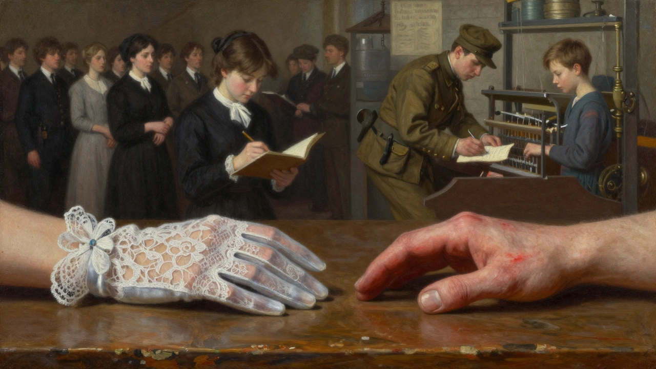 A Victorian-gloved hand and a bare hand reaching across a table, with ghostly historical scenes hovering between them.