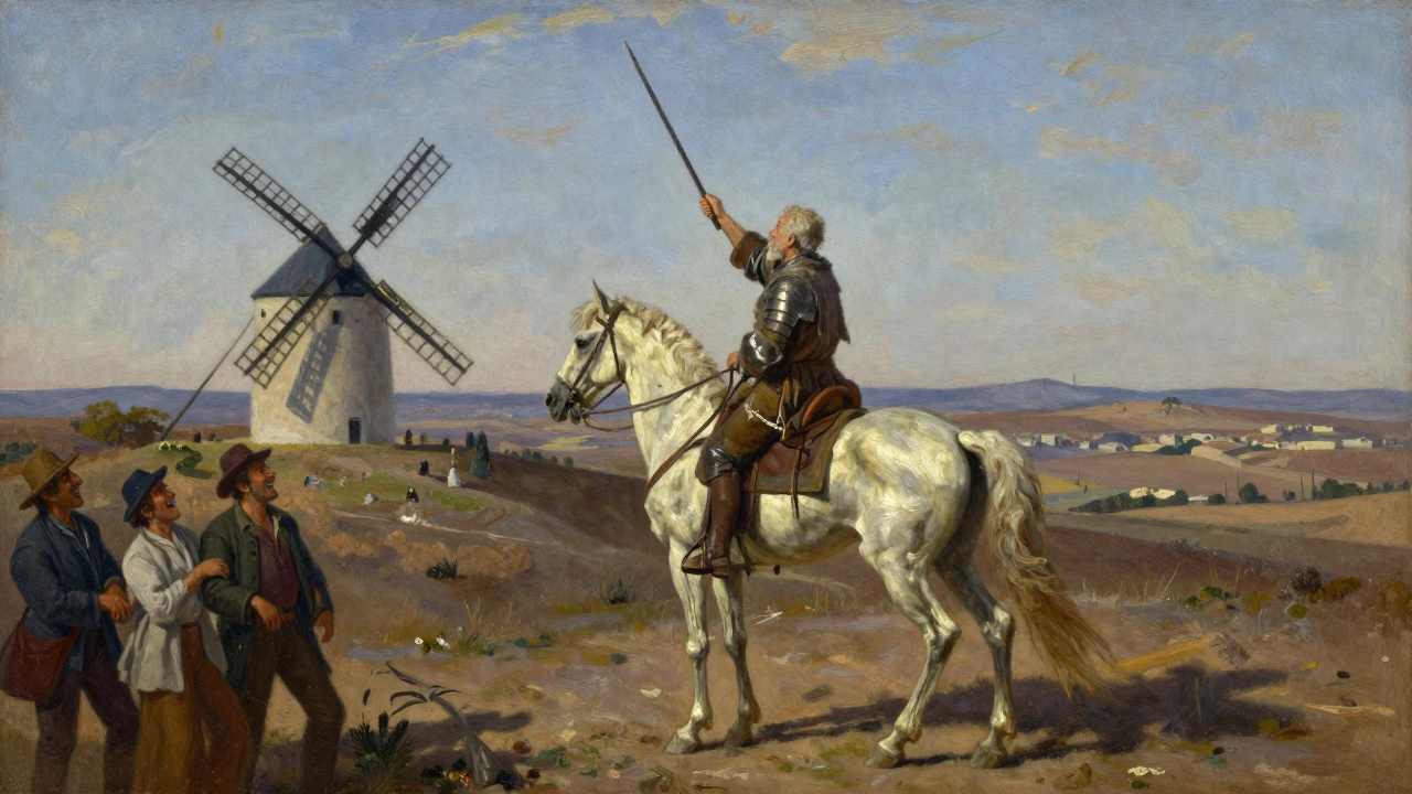 An elderly man on a thin horse charges at windmills under a golden sunset as villagers watch.
