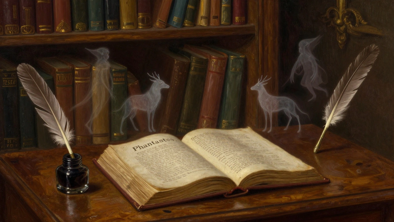 An old copy of 'Phantastes' opens on a desk, faint fantasy figures rising from its pages like ghosts of influence.