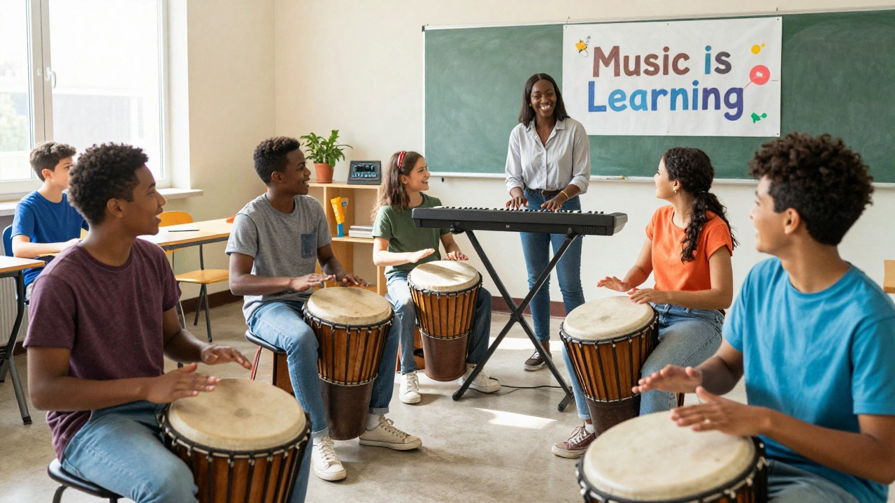 Diverse students playing hand drums and a digital keyboard together in a bright, hopeful classroom.