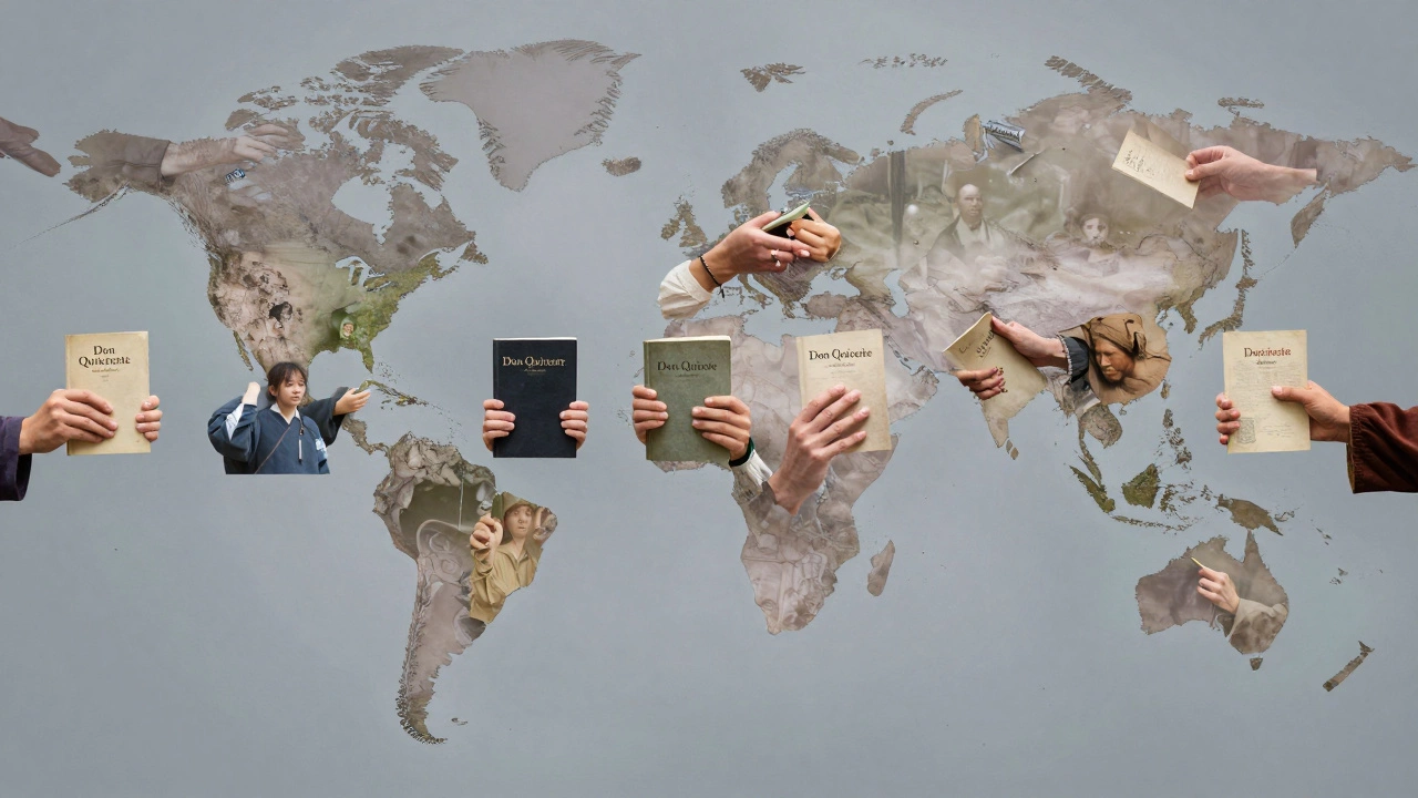 Hands from around the world hold copies of Don Quixote, forming a global chain of readers.