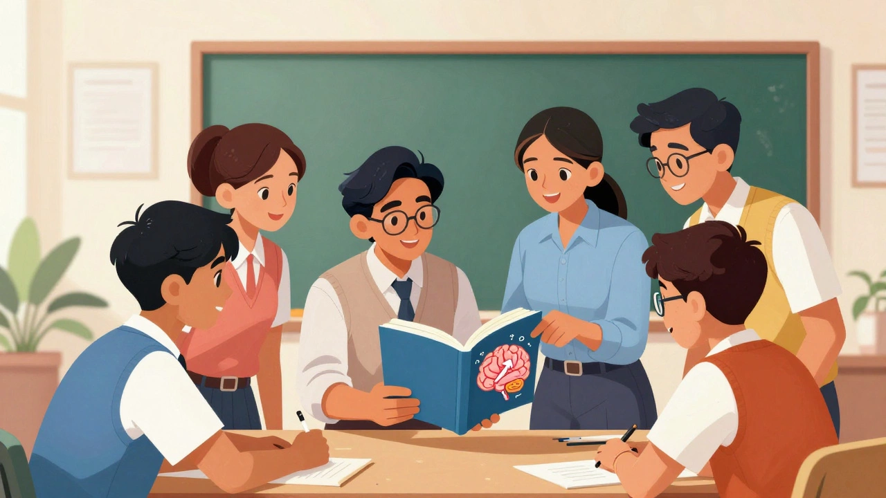 Indian students discussing growth mindset book with brain symbols.