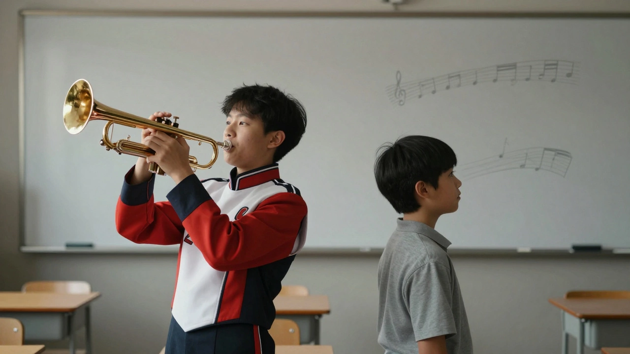 One student playing trumpet in band, another staring at a blank wall — contrasting moments of connection and isolation.