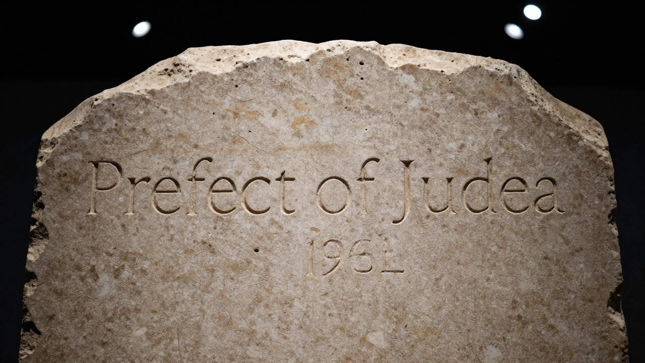 The Pilate Stone inscription with 'Prefect of Judea' carved in ancient Roman script.