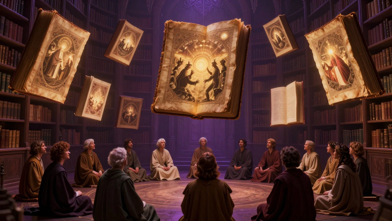 Twelve glowing fantasy tomes floating in an endless library, illuminating readers from different generations in quiet awe.