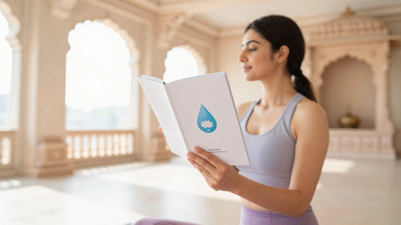 Woman in yoga pose holding wellness book with lotus symbols.