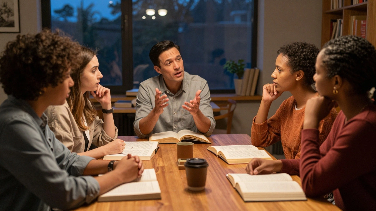 A diverse group of people discussing books in a warm, intimate book club setting.