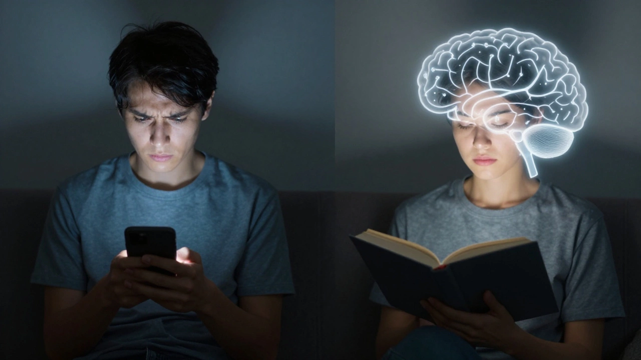 A person swapping phone scrolling for reading, with brain activity symbolizing mental renewal.