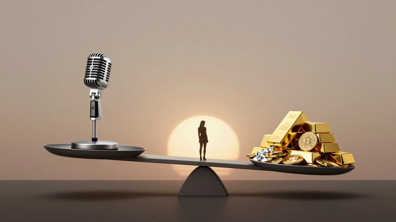 A scale balancing a microphone against wealth symbols, with Taylor in the distance.