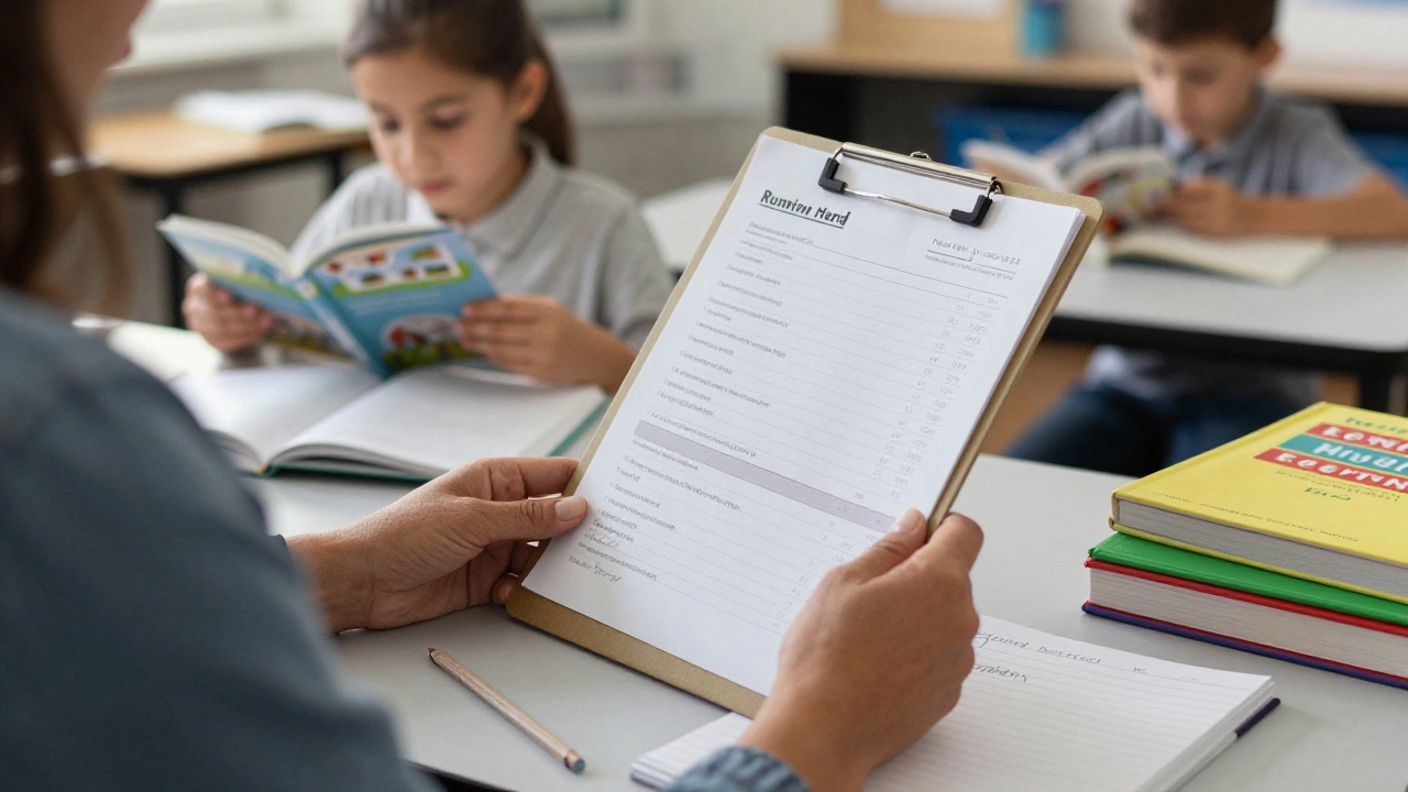 A teacher's hands holding a reading assessment clipboard next to leveled books with colored spines.