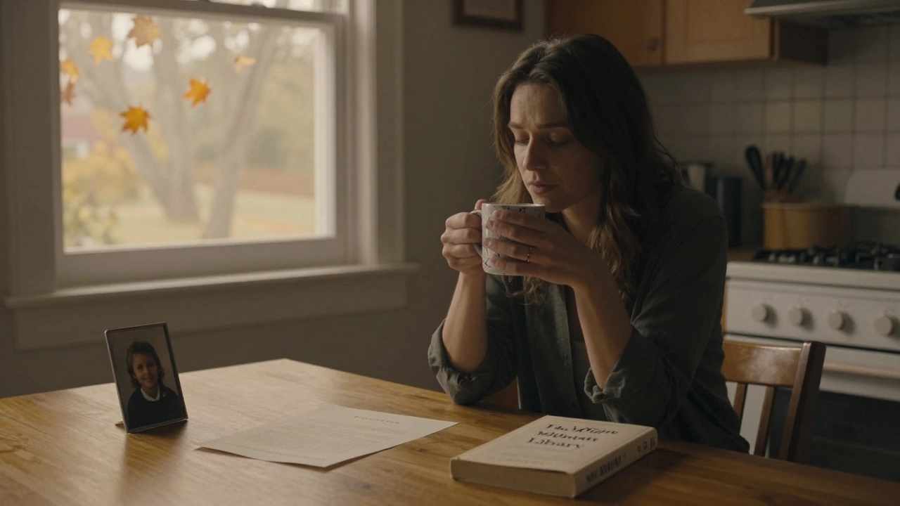 A woman in her late 30s sitting quietly in a sunlit kitchen, holding a coffee mug beside personal mementos.