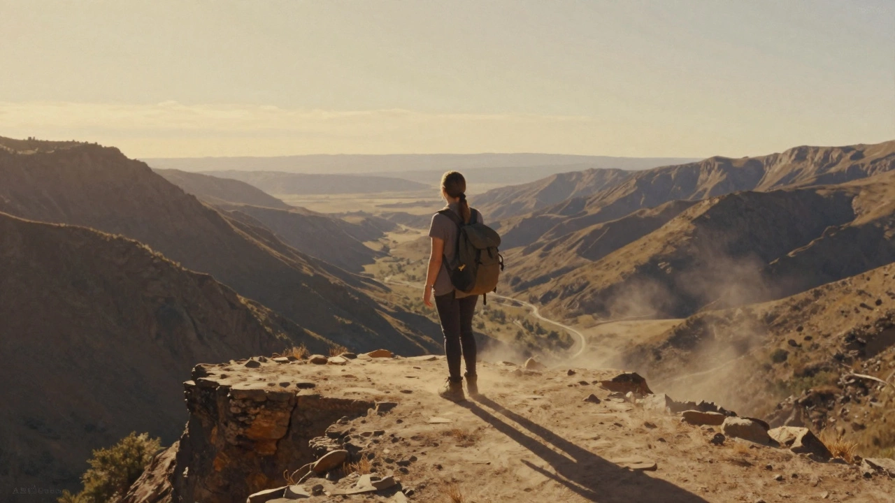 A woman stands on a mountain trail, gazing into a vast valley, backpack ready, as the sun sets behind her, symbolizing quiet courage.