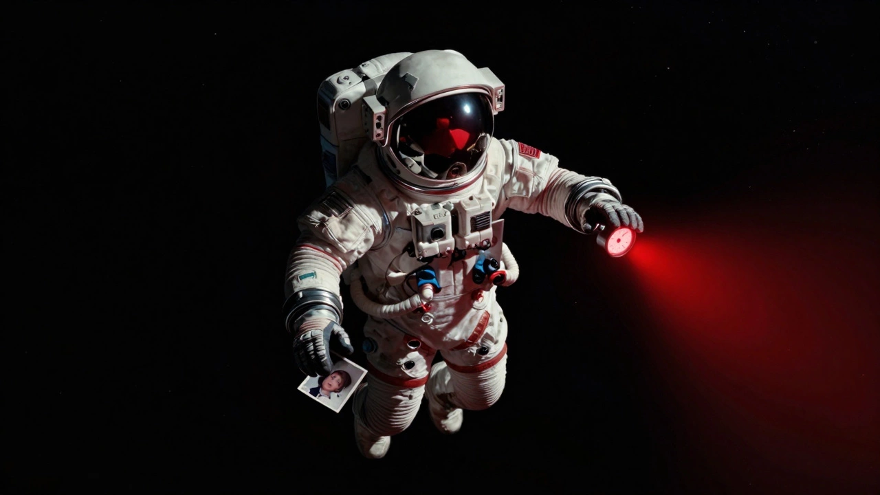 An astronaut floats in space, staring at a photo of a child while an oxygen gauge ticks toward zero under the red glow of Mars.
